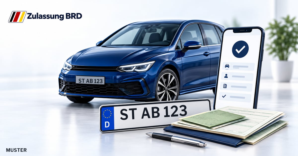 Online Fahrzeugzulassung in Steinfurt: Musterkennzeichen ST AB 123, Auto und Fahrzeugpapiere und Smartphone. Illustration mit Logo von Zulassung BRD.